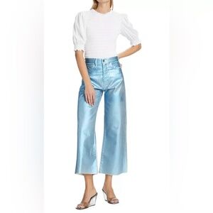 Veronica Beard Taylor Cropped Wide-Leg Blue Metallic Jeans NWT